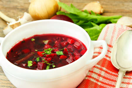 Healthy Food: Soup with Beets, Green Beans and Vegetables. Studio Photo