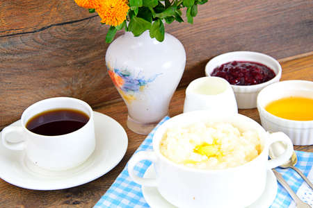 Rice Porridge with Sweet Butter, Jam and Coffee. Breakfastの写真素材