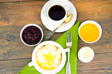 Rice Porridge with Sweet Butter, Jam and Coffee. Breakfastの写真素材