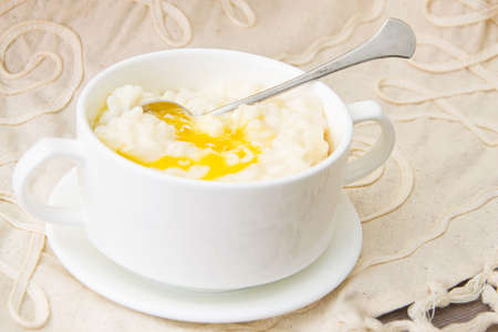 Rice Porridge with Sweet Butter, Jam and Coffee. Breakfastの写真素材