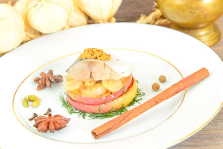 Salt Marinated Mackerel with Apple and Onion. Studio Photoの写真素材