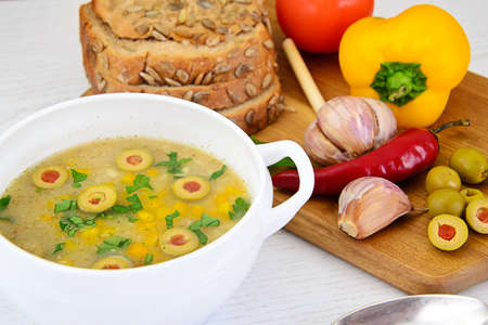 Barley Soup with Olives and Peppers. Diet Food