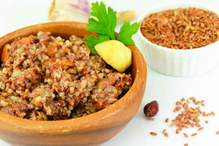 Healthy Food: Pilaf with Meat and Red Rice. Studio Photoの写真素材