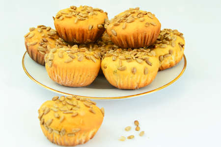 Fresh Cupcakes with Sunflower Seeds. Studio Photo.の写真素材