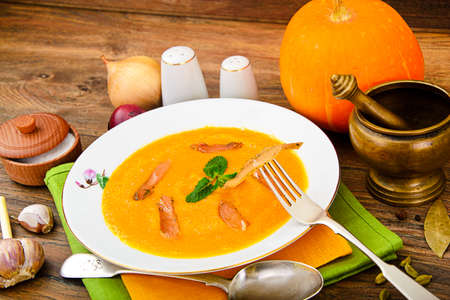Diet and Healthy Organic Food: Pumpkin Soup. Studio Photoの写真素材