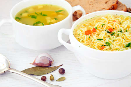 Chicken Soup with Noodles on Plate Studio Photoの写真素材