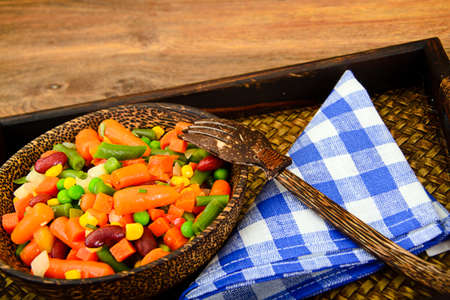 Mexican Mix of Vegetables. Tomatoes, Beans, Celery Root, Green Beans, Peas and Corn. Dietary Food Studio Photoの写真素材