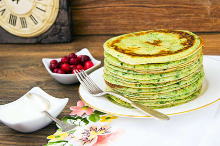 Tasty Pancakes Stack with Spinach Studio Photoの写真素材