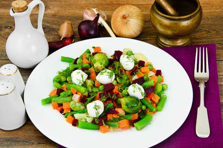 Mexican Mix of Vegetables. Tomatoes, Beans, Celery Root, Green Beans, Peas and Corn. Dietary Food  Studio Photoの写真素材