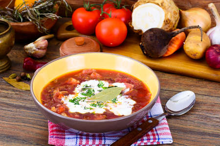 Healthy Food: Soup with Beets, Green Beans and Vegetables. Studio Photo