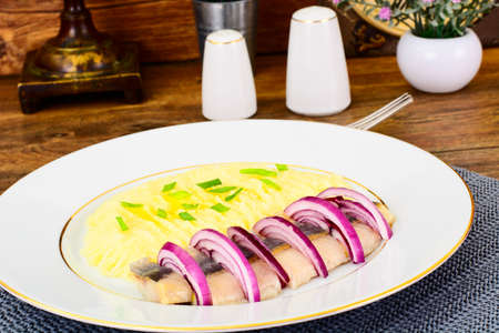 Mashed Potatoes with Herring and Red Pickled Onions Studio Photoの写真素材