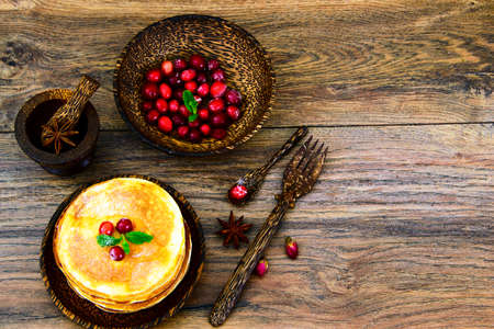 Tasty Pancakes with Cranberry Stack Studio Photoの写真素材