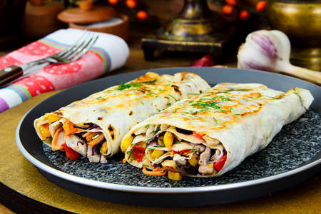 Shawarma Lavash with Chicken and Vegetables Studio Photo