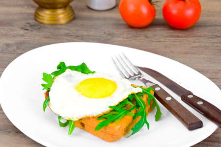 Scrambled Eggs with Arugula on Whole Grain Bread Health Food. Studio Photoの写真素材