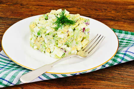 Salad with Avocado, Boiled Eggs, Red Onion and Mayonnaise Studio Photoの写真素材
