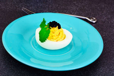 Stuffed Eggs with Pomegranate on Plate Studio Photoの写真素材