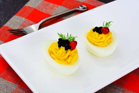 Stuffed Eggs with Pomegranate on Plate Studio Photoの写真素材