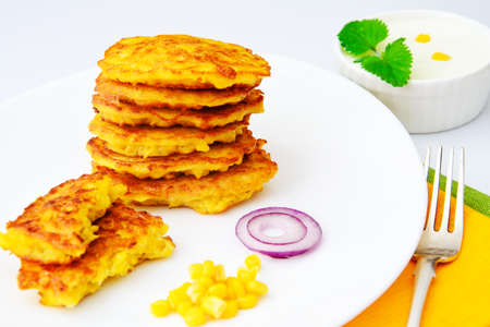 Healthy and Diet Food: Corn Fritters with Corn. Studio Photoの写真素材