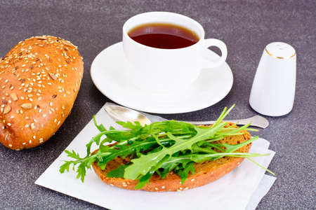 Dietary sandwich with bread and arugula. Studio Photoの写真素材