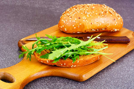 Dietary sandwich with bread and arugula. Studio Photoの写真素材