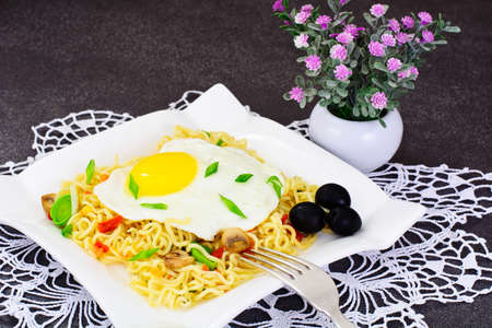 Chinese Noodles with Egg on Plate. Studio Photoの写真素材