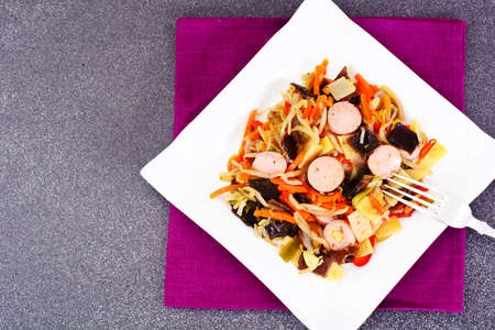 Chinese Vegetable Stew with Sausage. Paprika and Peas, Carrots. Diet Food Studio Photoの写真素材