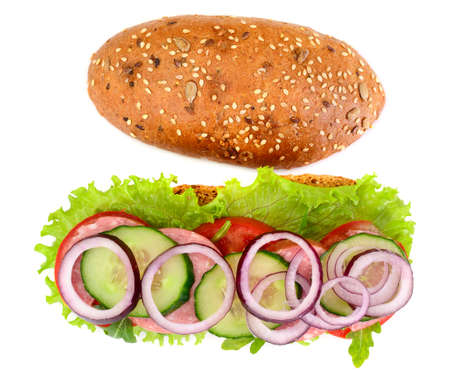 Healthy eating: Fresh sandwich with lettuce, tomato and onion. Studio Photo