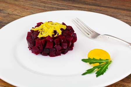 Beet Tartare with Fried Egg Yolk Studio Photoの写真素材
