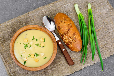 Healthy and diet food: potato soup with croutons and herbs. Studio Photoの写真素材