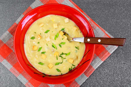 Healthy, diet food: Cream soup with mushrooms and vegetables with croutons and herbs. Studio Photoの写真素材