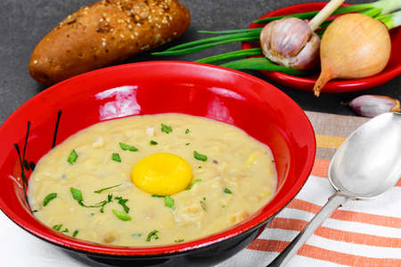 Healthy, diet food: Cream soup with mushrooms and vegetables with croutons and herbs. Studio Photoの写真素材