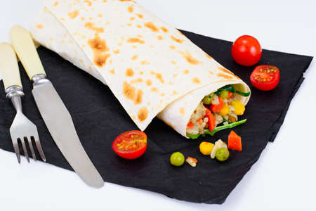 Burrito, Shawarma Lavash with Chicken and Vegetables Studio Photo