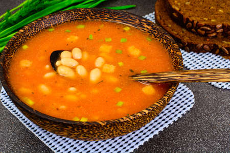 Sicilian Tomato Soup with White Beans. National Italian Cuisine. Studio Photoの写真素材