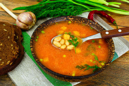 Sicilian Tomato Soup with White Beans. National Italian Cuisine. Studio Photoの写真素材