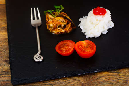 Rice with Canned Fish in Tomato Sauce Studio Photoの写真素材