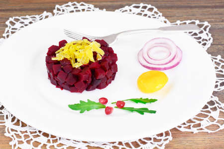 Beetroot Tartare with Fried Egg Yolk Studio Photo