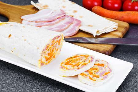 Lavash Roll From Ham, Carrot and Cheese Studio Photoの写真素材