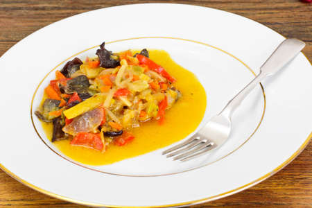 Bean Sprouts with Bell Peppers, Mushrooms Mun, Onions, Bamboo Shoots, Carrots and Curry in Thai Studio Photoの写真素材