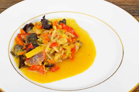 Bean Sprouts with Bell Peppers, Mushrooms Mun, Onions, Bamboo Shoots, Carrots and Curry in Thai Studio Photoの写真素材