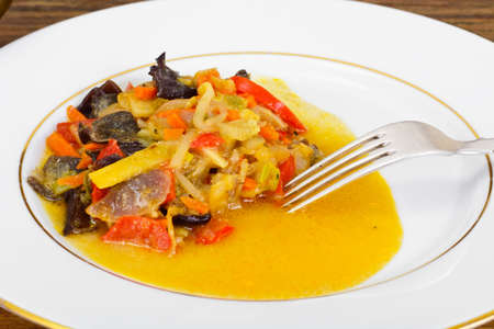 Bean Sprouts with Bell Peppers, Mushrooms Mun, Onions, Bamboo Shoots, Carrots and Curry in Thai Studio Photoの写真素材