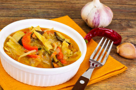 Bean Sprouts with Bell Peppers, Mushrooms Mun, Onions, Bamboo Shoots, Carrots and Curry in Thai Studio Photoの写真素材