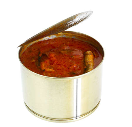 Canned Fish Sprat in Tomato Sauce Isolated on White Background Studio Photoの写真素材