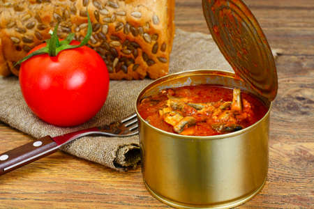 Canned Fish Sprat in Tomato Sauce Studio Photoの写真素材
