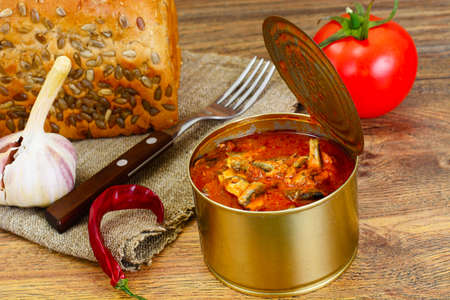 Canned Fish Sprat in Tomato Sauce Studio Photoの写真素材