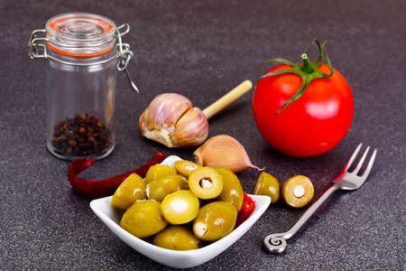 Green Olives Stuffed with Cheese on Dark Background. Studio Photoの写真素材