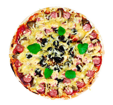Pepperoni Pizza with Sausage, Cheese, Mozzarella, Olives and Basil Studio Photoの写真素材