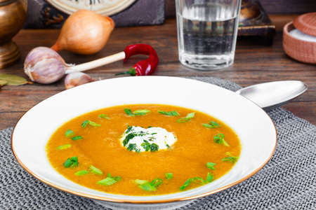Carrot, Pumpkin Cream Soup Diet Food. Studio Photoの写真素材