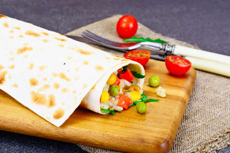 Burrito, Shawarma Lavash with Chicken and Vegetables Studio Photoの写真素材