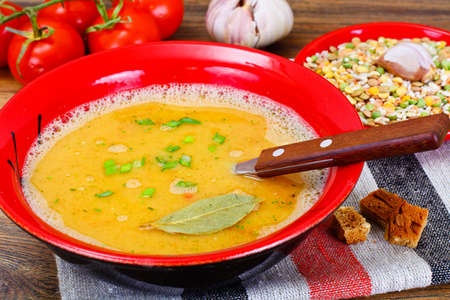 Healthy and Diet Food: Soup with Lentils, Celery. Studio Photoの写真素材