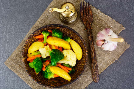 Steamed Vegetables Potatoes, Carrots, Cauliflower, Broccoli Studio Photoの写真素材